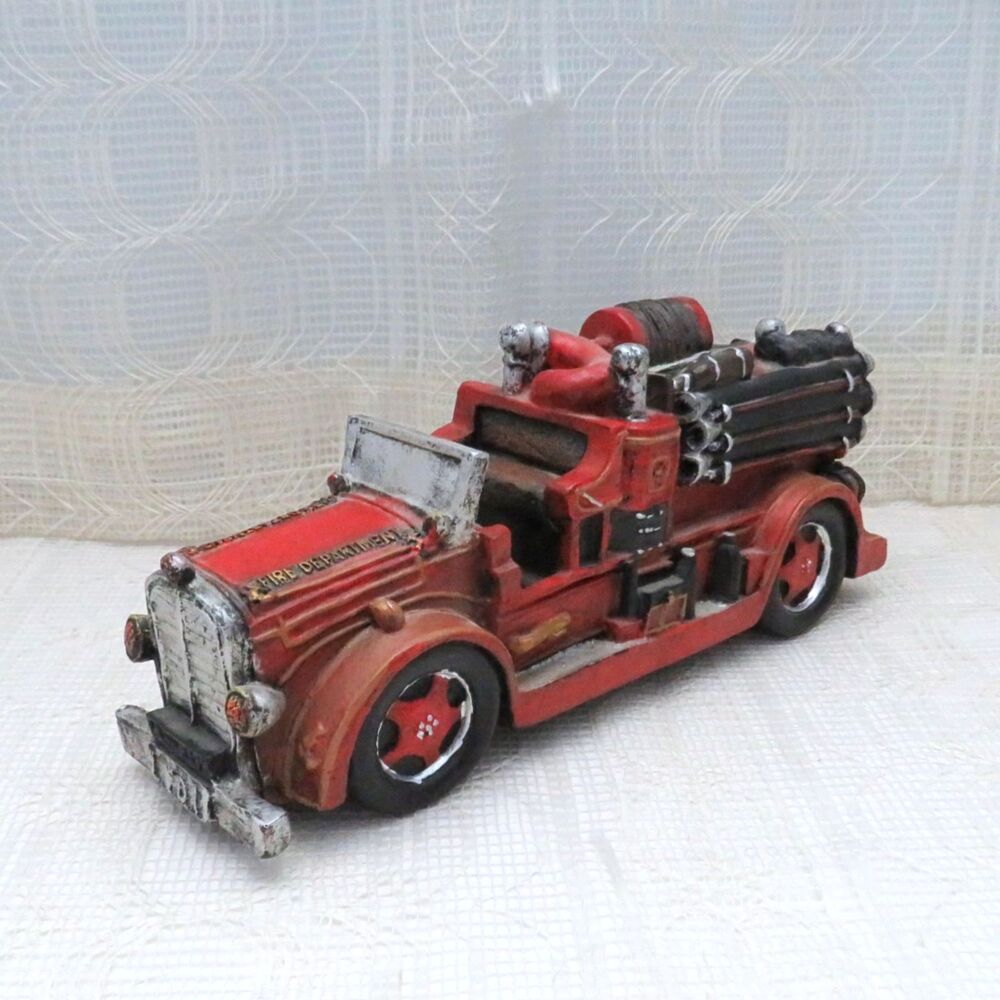 Vintage Resin Fire Engine Figurine Red 10 Inches for Nostalgic Home Decor